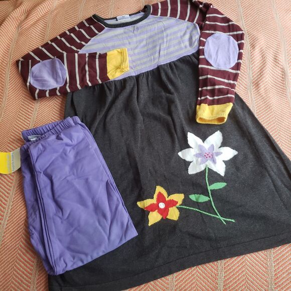 Hanna Andersson Other - Hanna Andersson Striped/Floral Sweater Dress/NIP Leggings Sz 160/14-16 Fun Funky
